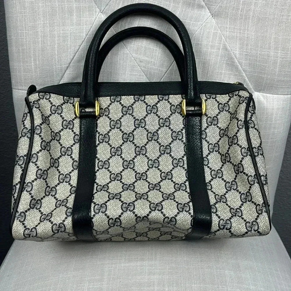 Vintage Gucci Boston Hand Bag Satchel Purse Monogram Navy Canvas Leather - Picture 3 of 16